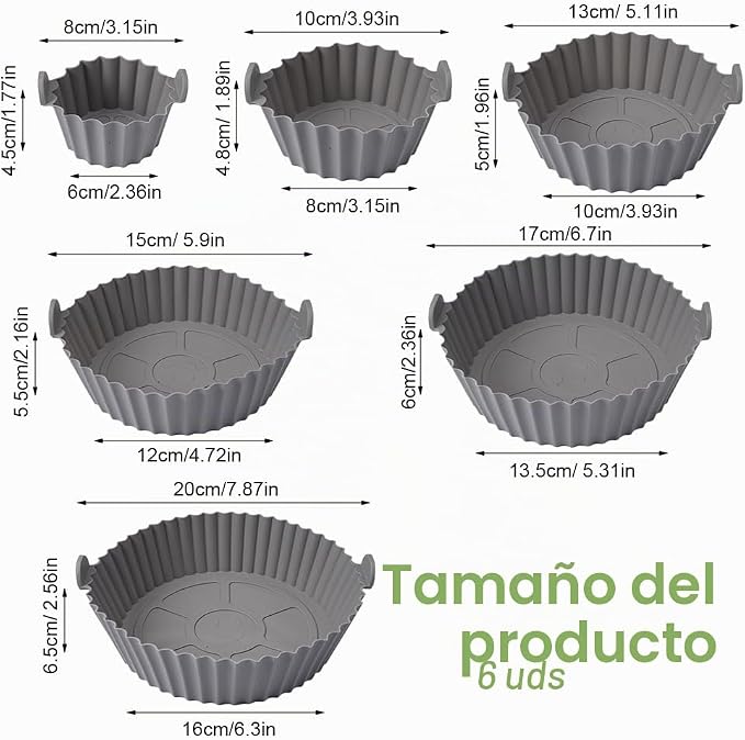 6 Bandejas de Silicona para Freidora de Aire (Colores Variados) + 50 Papeles de Horno de 20 × 20 cm Gratis