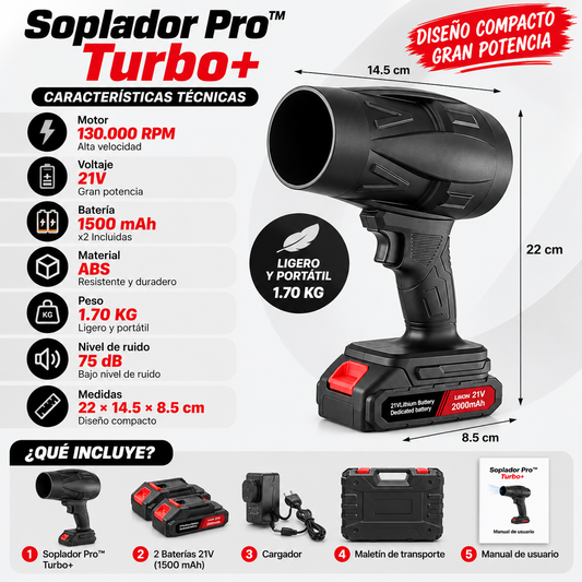 Soplador Pro™ Turbo, Soplador Potente + 2 Baterías