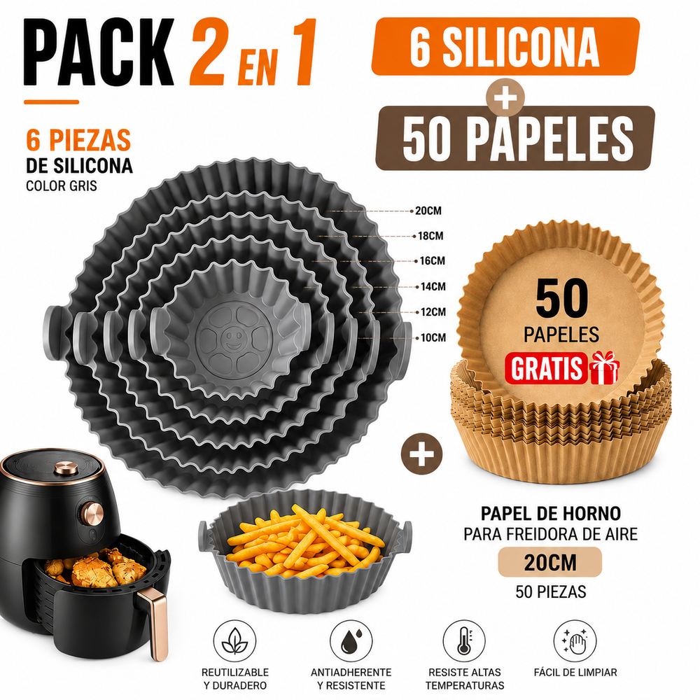 6 Bandejas de Silicona para Freidora de Aire (Colores Variados) + 50 Papeles de Horno de 20 × 20 cm Gratis