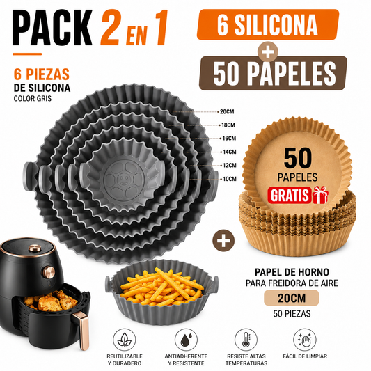 6 Bandejas de Silicona para Freidora de Aire (Colores Variados) + 50 Papeles de Horno de 20 × 20 cm Gratis